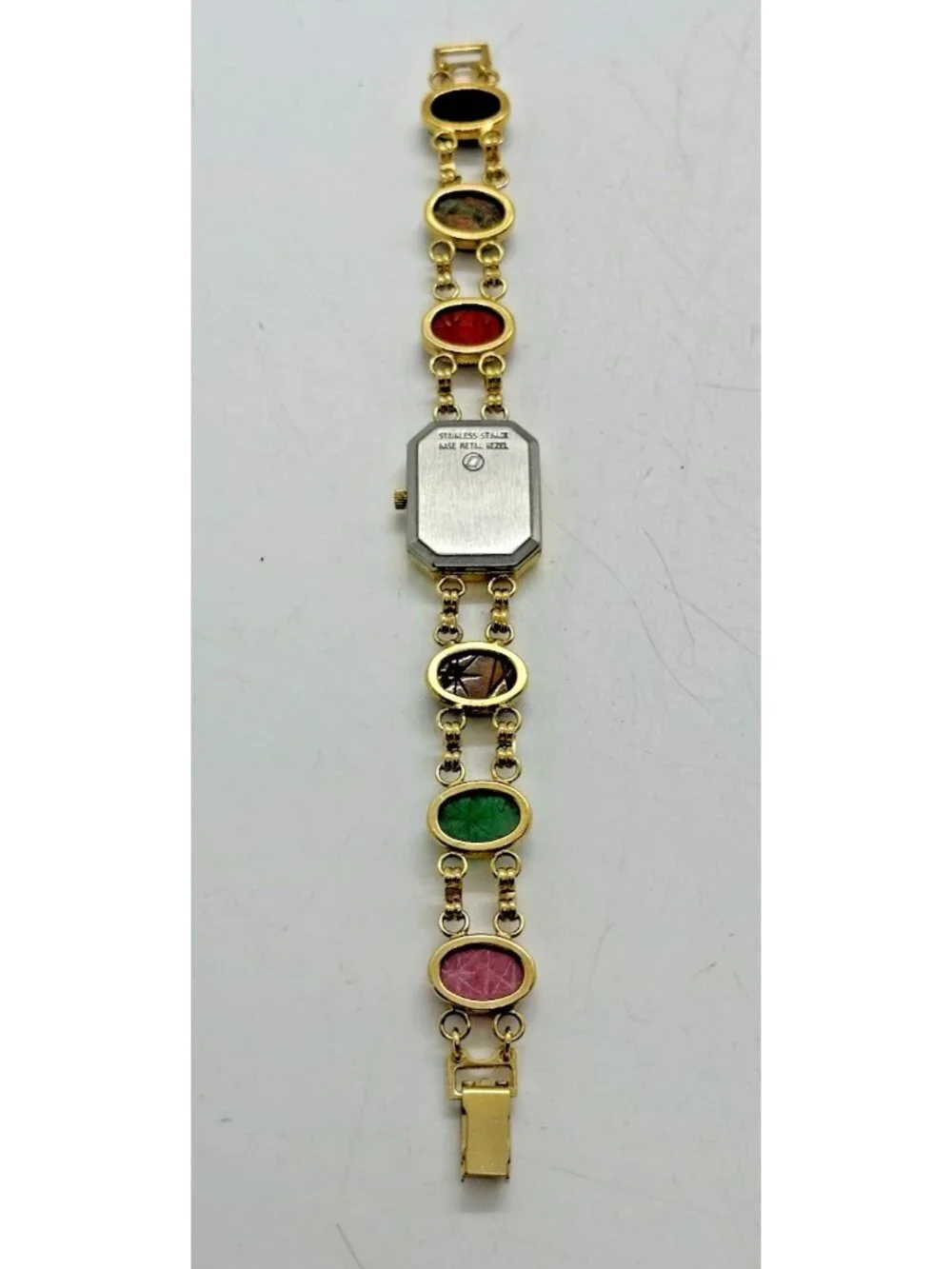 Kenneth Jay Lane Gold Tone Egyptian Scarab Gemstone Link Bracelet Quartz Watch